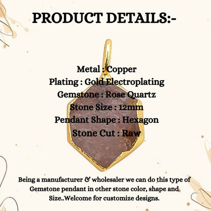 Gold Electroplated Raw Rose Quartz Hexagon Charm Pendant for DIY Necklace Bracelet Jewelry Making- Selling Per Piece