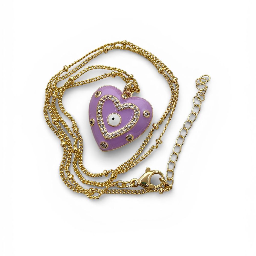 Gold Enamel Colorful Evil Eye Heart Charm Necklace CZ Micropavé Protective Love Jewelry for Women – Selling Per Piece
