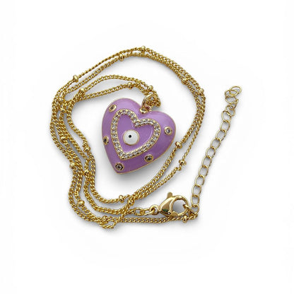 Gold Enamel Colorful Evil Eye Heart Charm Necklace CZ Micropavé Protective Love Jewelry for Women – Selling Per Piece