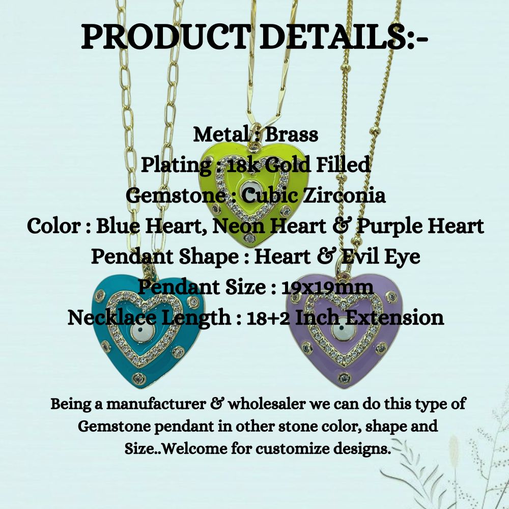 Gold Enamel Colorful Evil Eye Heart Charm Necklace CZ Micropavé Protective Love Jewelry for Women – Selling Per Piece