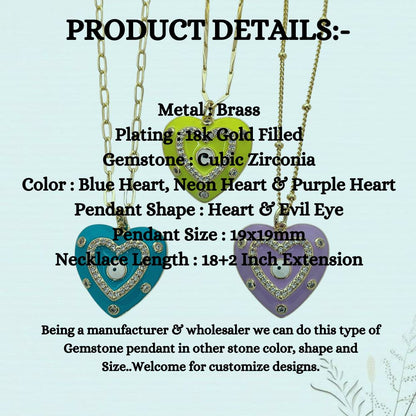 Gold Enamel Colorful Evil Eye Heart Charm Necklace CZ Micropavé Protective Love Jewelry for Women – Selling Per Piece