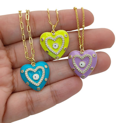 Gold Enamel Colorful Evil Eye Heart Charm Necklace CZ Micropavé Protective Love Jewelry for Women – Selling Per Piece