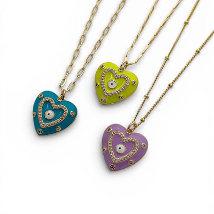 Gold Enamel Colorful Evil Eye Heart Charm Necklace CZ Micropavé Protective Love Jewelry for Women – Selling Per Piece