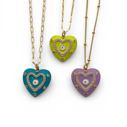 Gold Enamel Colorful Evil Eye Heart Charm Necklace CZ Micropavé Protective Love Jewelry for Women – Selling Per Piece
