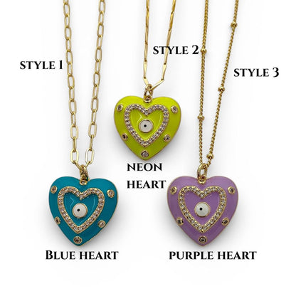 Gold Enamel Colorful Evil Eye Heart Charm Necklace CZ Micropavé Protective Love Jewelry for Women – Selling Per Piece