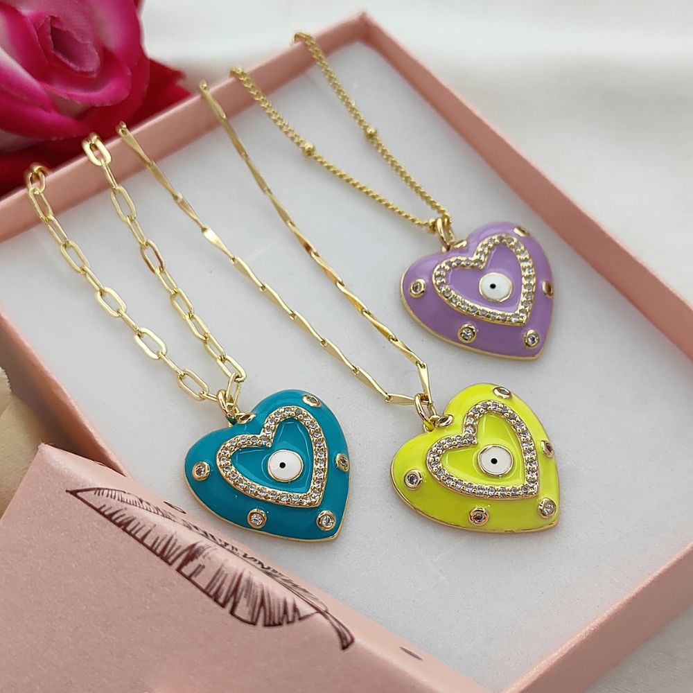 Gold Enamel Colorful Evil Eye Heart Charm Necklace CZ Micropavé Protective Love Jewelry for Women – Selling Per Piece