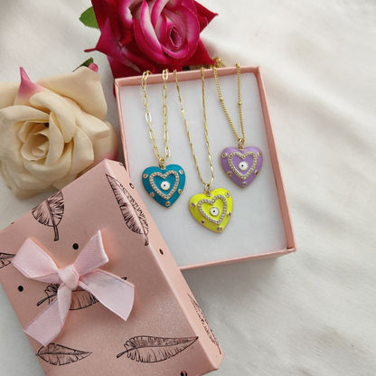 Gold Enamel Colorful Evil Eye Heart Charm Necklace CZ Micropavé Protective Love Jewelry for Women – Selling Per Piece