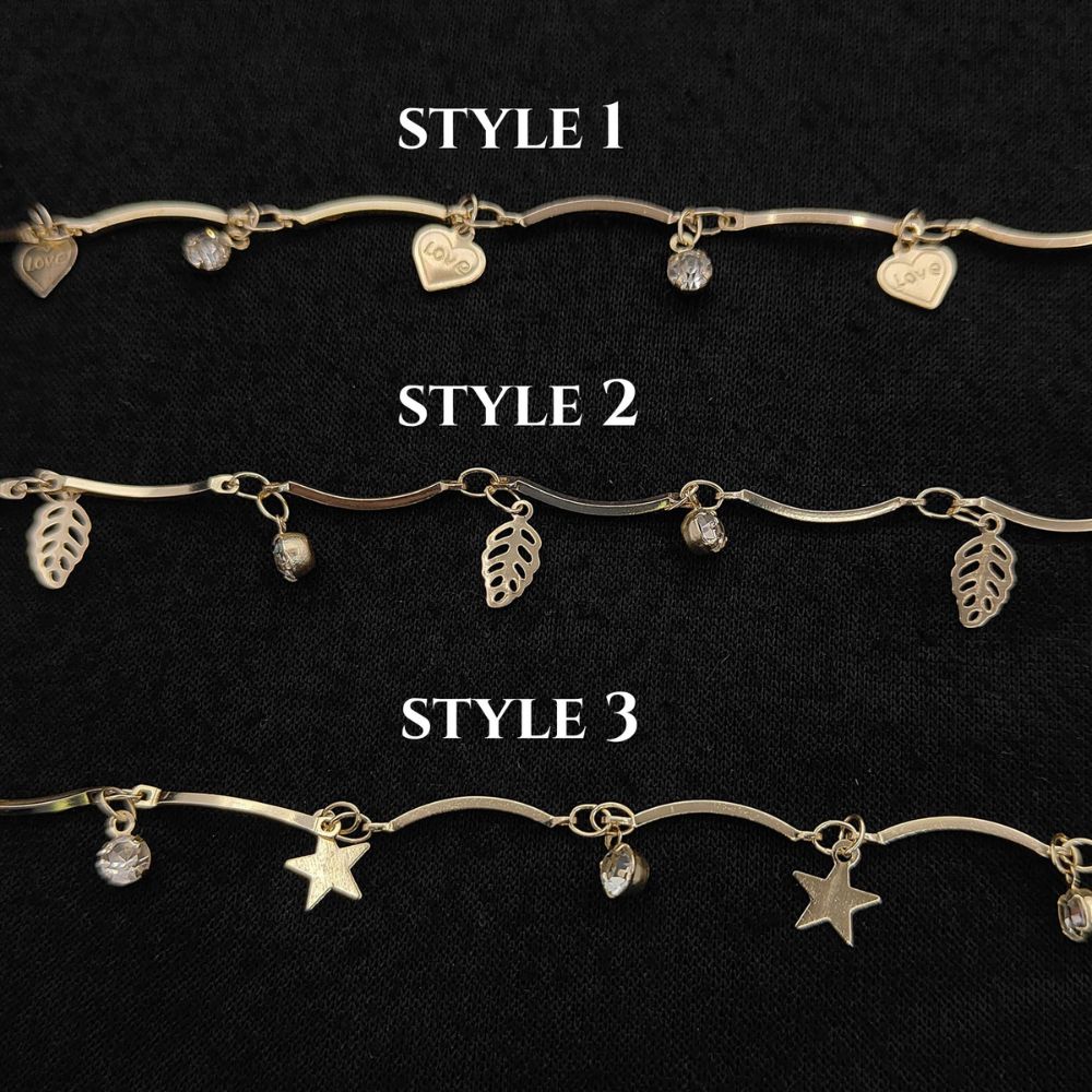 Gold Metallic Heart Leaf Star CZ Dangling Chain Charm Linking Necklace Bracelet Anklet Making Supply- Selling Per Feet