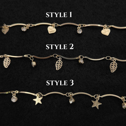 Gold Metallic Heart Leaf Star CZ Dangling Chain Charm Linking Necklace Bracelet Anklet Making Supply- Selling Per Feet