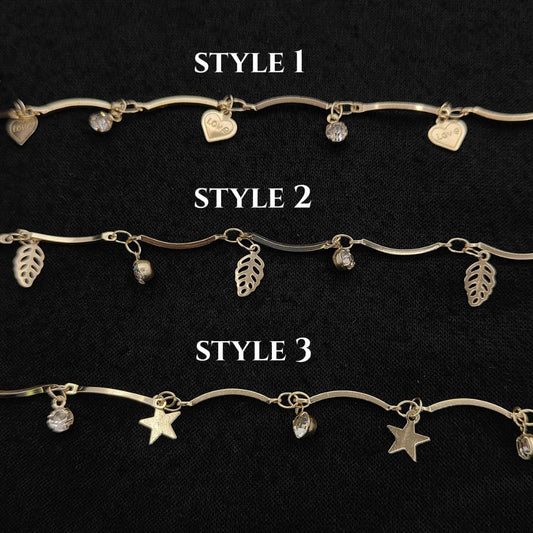Gold Metallic Heart Leaf Star CZ Dangling Chain Charm Linking Necklace Bracelet Anklet Making Supply- Selling Per Feet