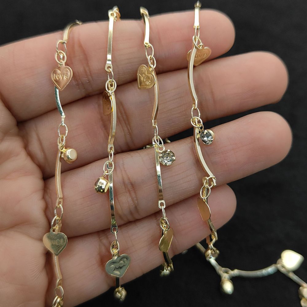 Gold Metallic Heart Leaf Star CZ Dangling Chain Charm Linking Necklace Bracelet Anklet Making Supply- Selling Per Feet