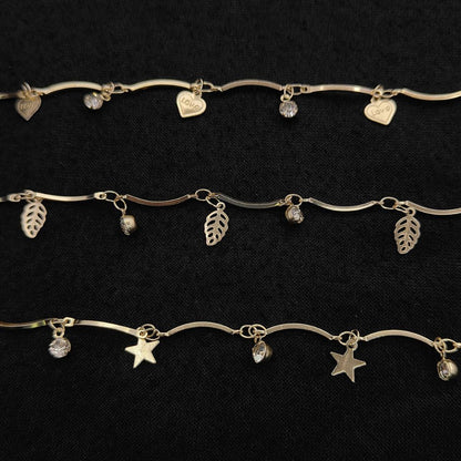 Gold Metallic Heart Leaf Star CZ Dangling Chain Charm Linking Necklace Bracelet Anklet Making Supply- Selling Per Feet