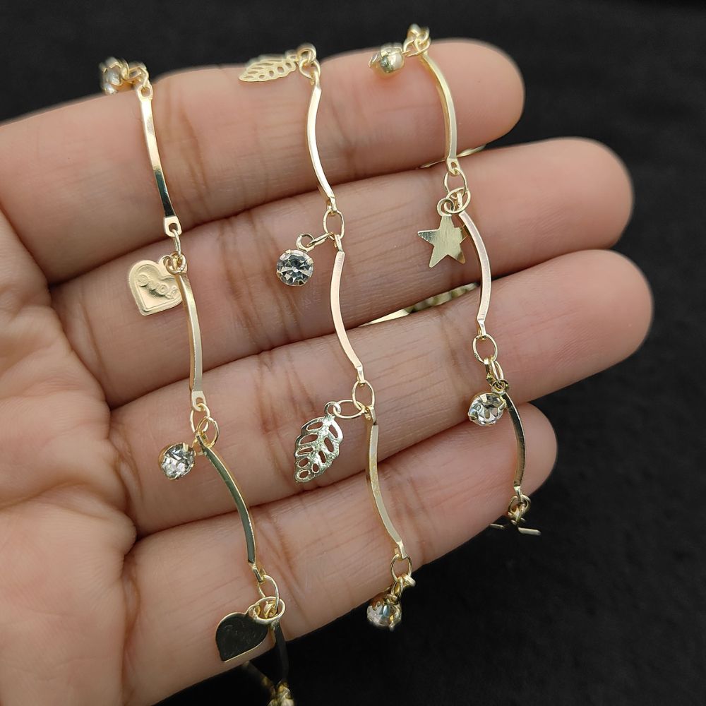 Gold Metallic Heart Leaf Star CZ Dangling Chain Charm Linking Necklace Bracelet Anklet Making Supply- Selling Per Feet