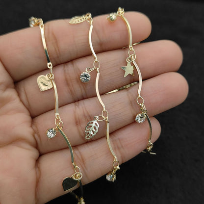 Gold Metallic Heart Leaf Star CZ Dangling Chain Charm Linking Necklace Bracelet Anklet Making Supply- Selling Per Feet