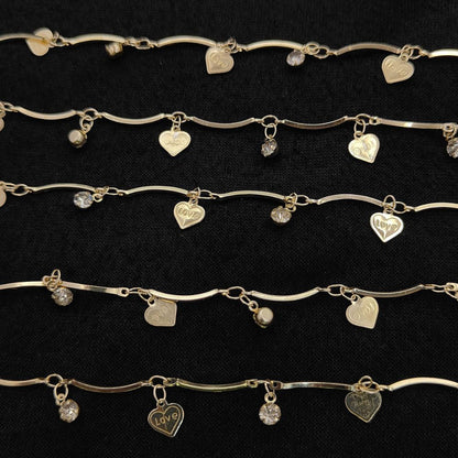 Gold Metallic Heart Leaf Star CZ Dangling Chain Charm Linking Necklace Bracelet Anklet Making Supply- Selling Per Feet