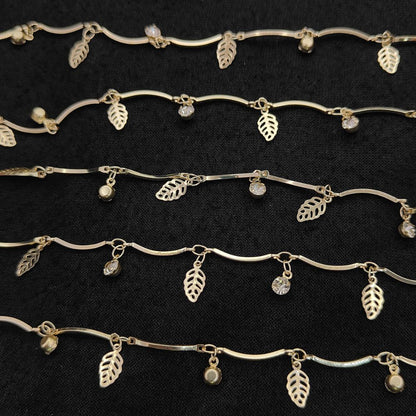 Gold Metallic Heart Leaf Star CZ Dangling Chain Charm Linking Necklace Bracelet Anklet Making Supply- Selling Per Feet