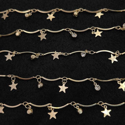 Gold Metallic Heart Leaf Star CZ Dangling Chain Charm Linking Necklace Bracelet Anklet Making Supply- Selling Per Feet