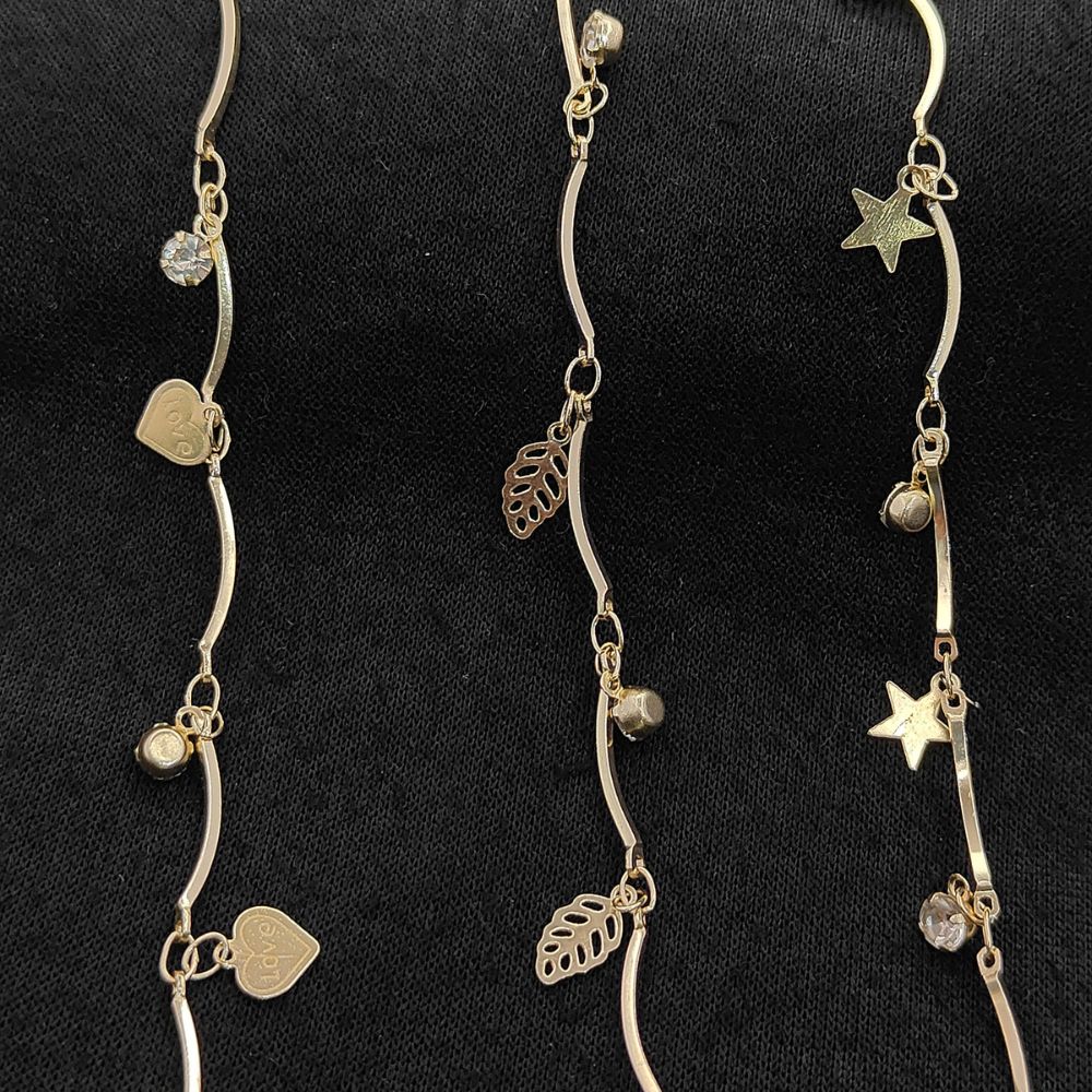 Gold Metallic Heart Leaf Star CZ Dangling Chain Charm Linking Necklace Bracelet Anklet Making Supply- Selling Per Feet