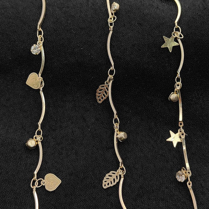 Gold Metallic Heart Leaf Star CZ Dangling Chain Charm Linking Necklace Bracelet Anklet Making Supply- Selling Per Feet