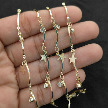 Gold Metallic Heart Leaf Star CZ Dangling Chain Charm Linking Necklace Bracelet Anklet Making Supply- Selling Per Feet