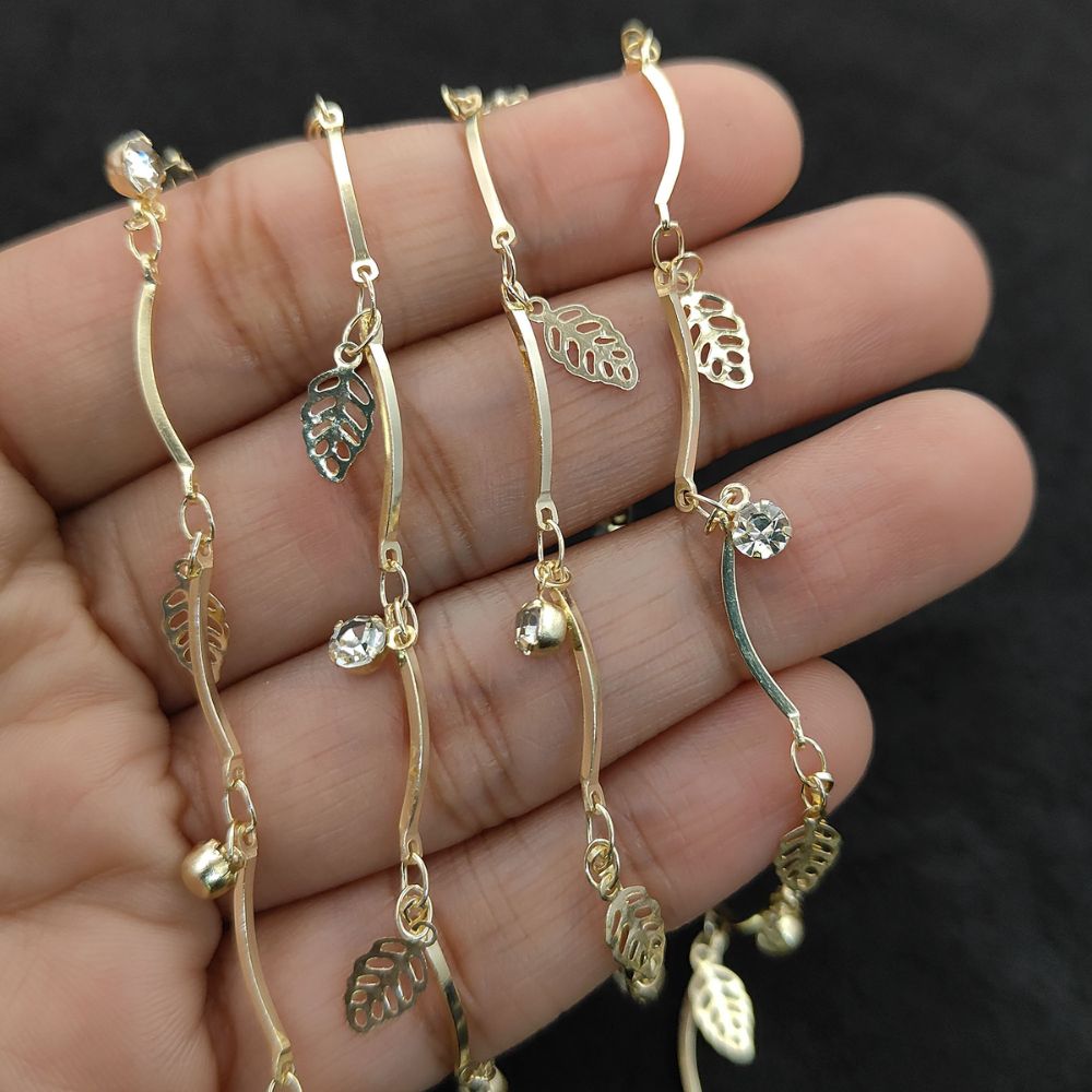 Gold Metallic Heart Leaf Star CZ Dangling Chain Charm Linking Necklace Bracelet Anklet Making Supply- Selling Per Feet