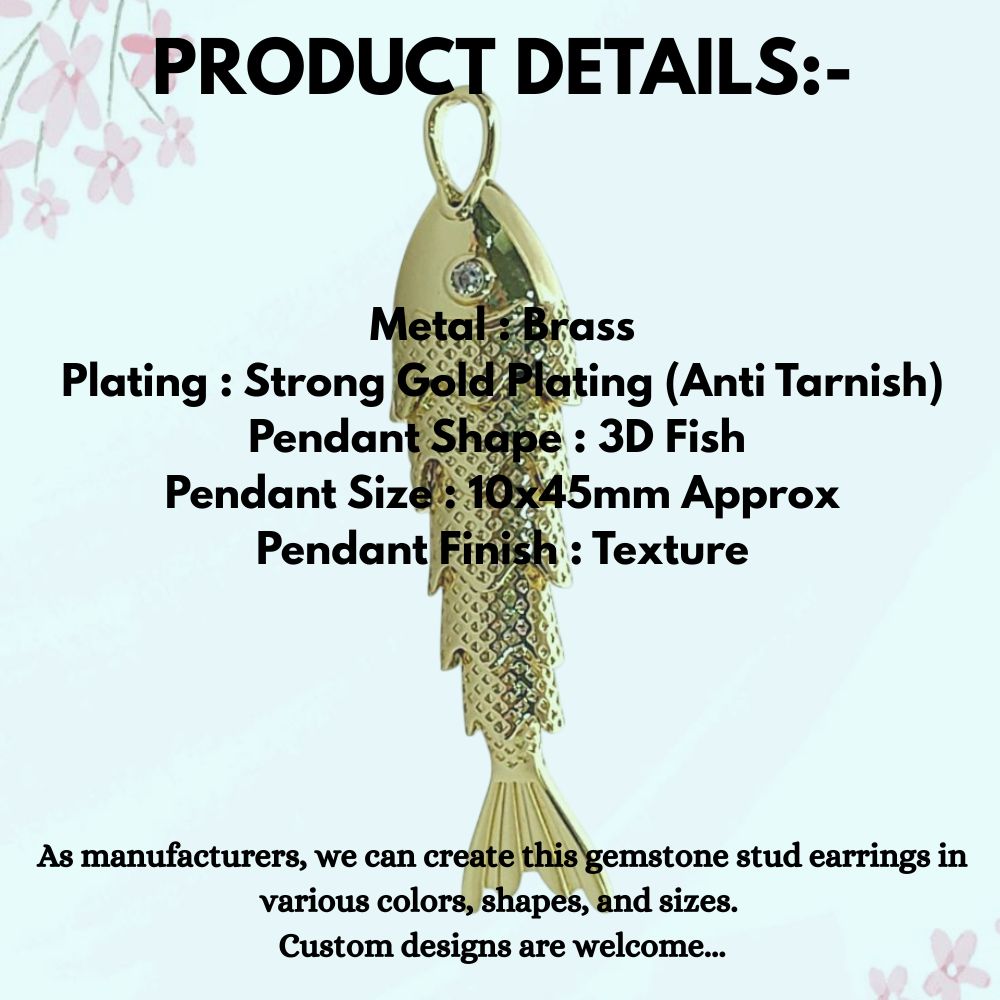 Gold Plated 3D Fish Pendant Charm, Ocean Inspired Necklace Jewelry for Women, Anti Tarnish Coastal Beach Handmade Gift