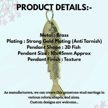 Gold Plated 3D Fish Pendant Charm, Ocean Inspired Necklace Jewelry for Women, Anti Tarnish Coastal Beach Handmade Gift