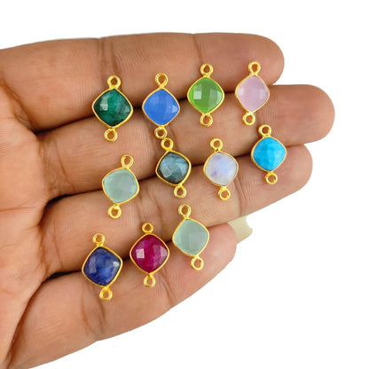 Gold Plated 8mm Cushion Cut Multi-Color Gemstone Connector Link Dual Loop Faceted Stone Charm for Handmade Jewelry- Selling Per Piece