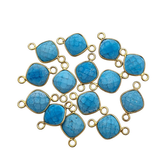 Gold Plated 8mm Cushion Cut Turquoise Gemstone Connector Link Dual Loop Faceted Stone Charm for Handmade Jewelry- Selling Per Piece