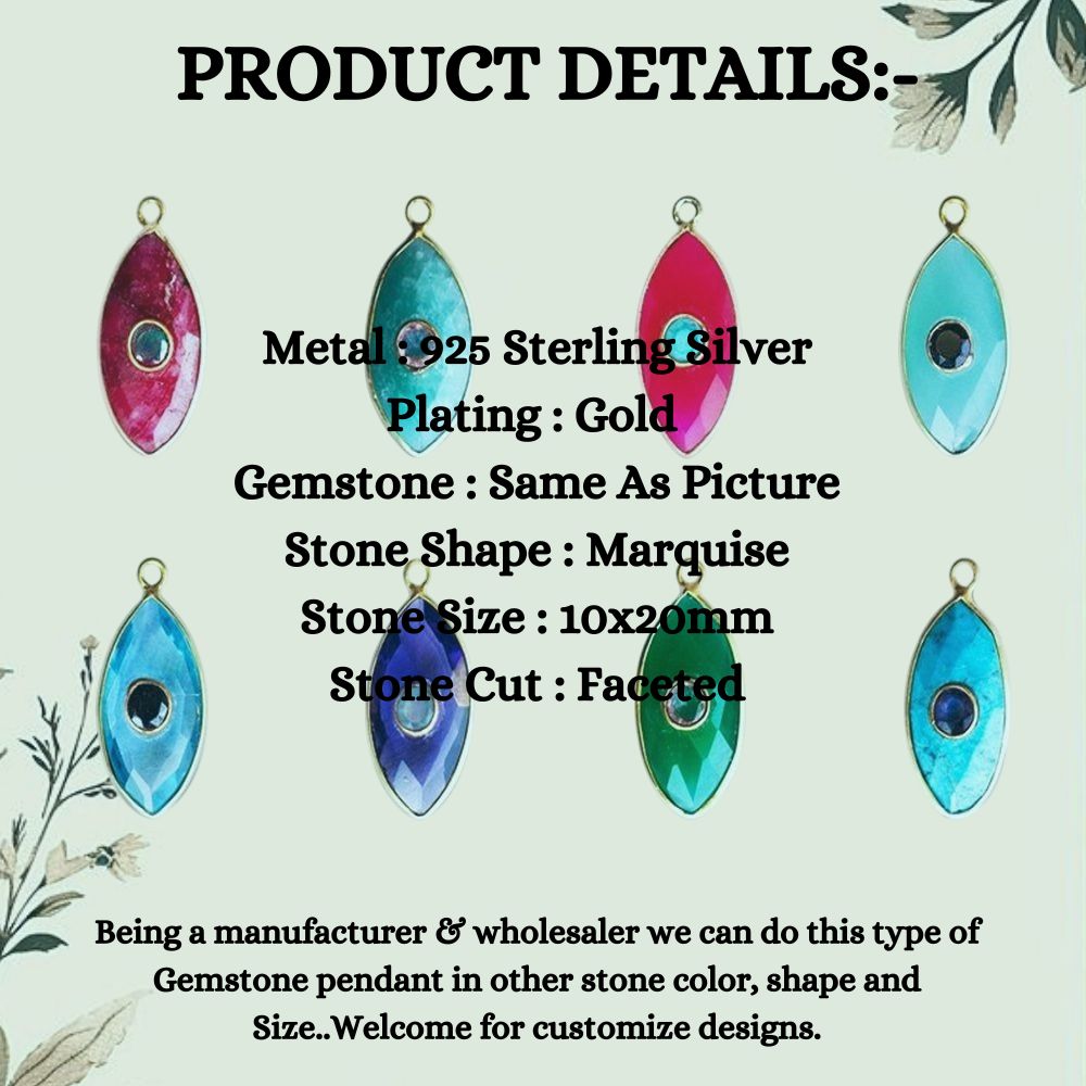 Gold Plated 925 Sterling Silver 10x20mm Marquise Multi-Color Gemstone Pendant Bezel Set Charm for DIY Jewelry Making