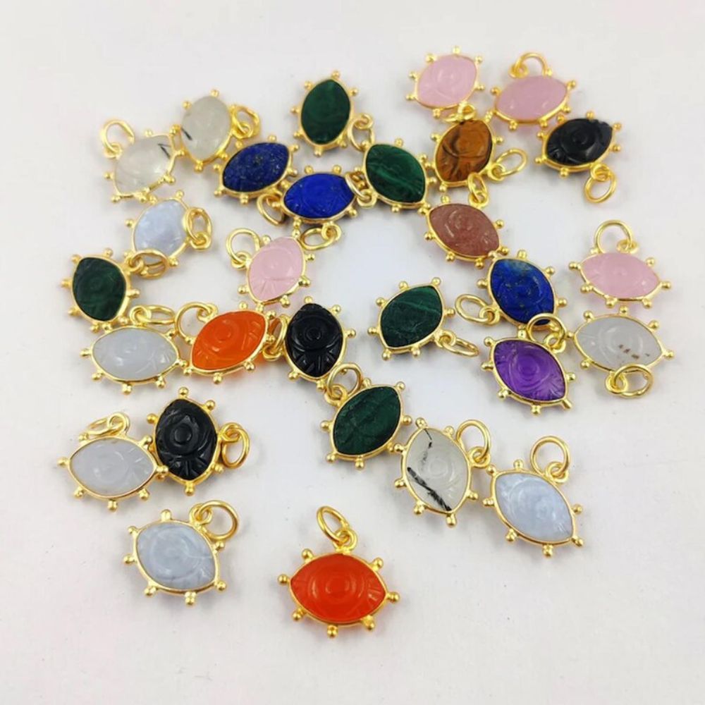 Handmade Strawberry Quartz Gemstone Evil Eye Pendant in Gold Plated Sterling Silver Healing Charm – Selling Per Piece