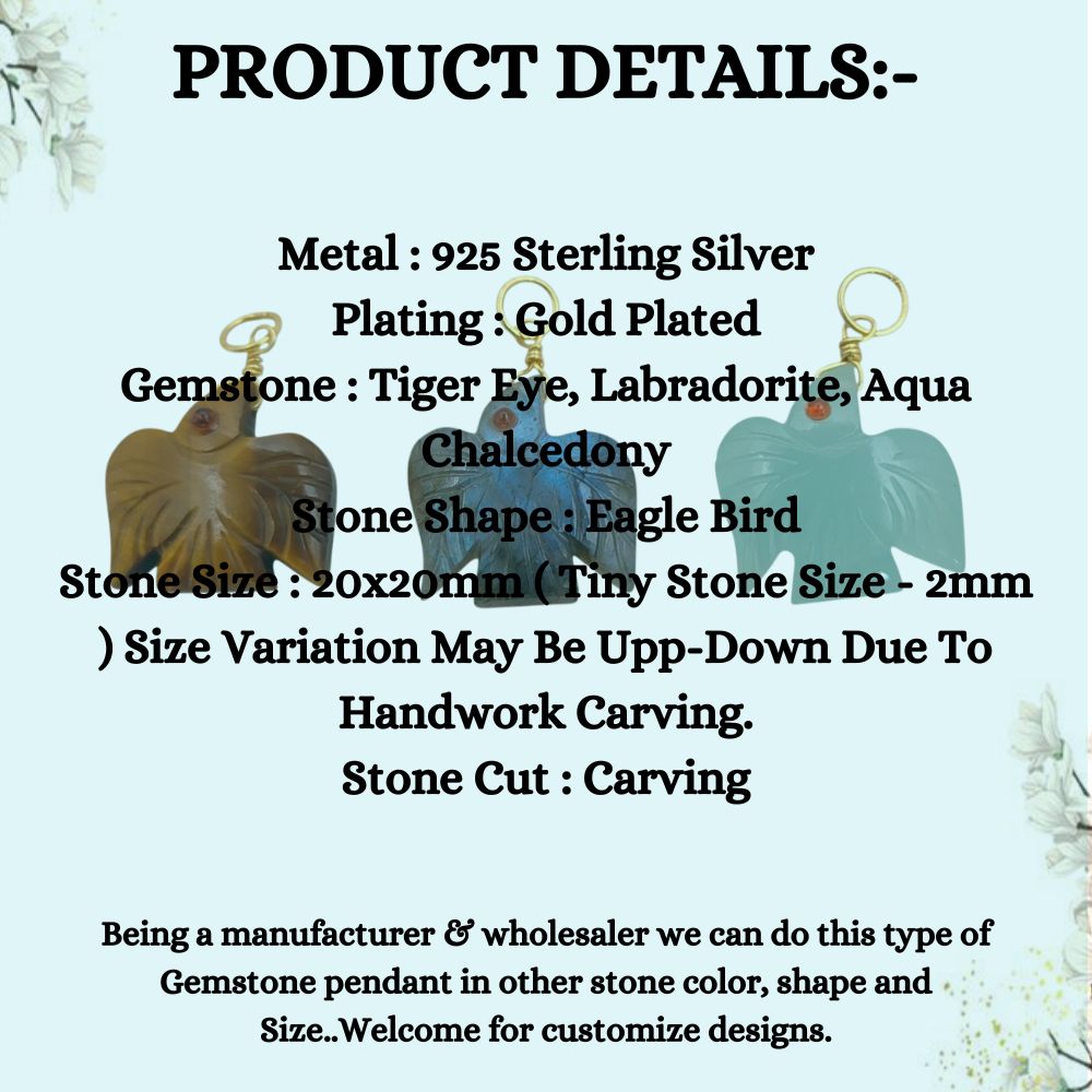 Gold Plated 925 Sterling Silver Flying Eagle Pendant Hand Carved Multi Gemstone Necklace Charm