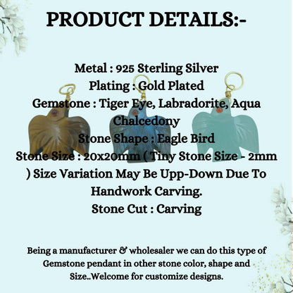 Hand Carved Tiger’s Eye Flying Eagle Pendant Gold Plated 925 Sterling Silver Bird Necklace Charm