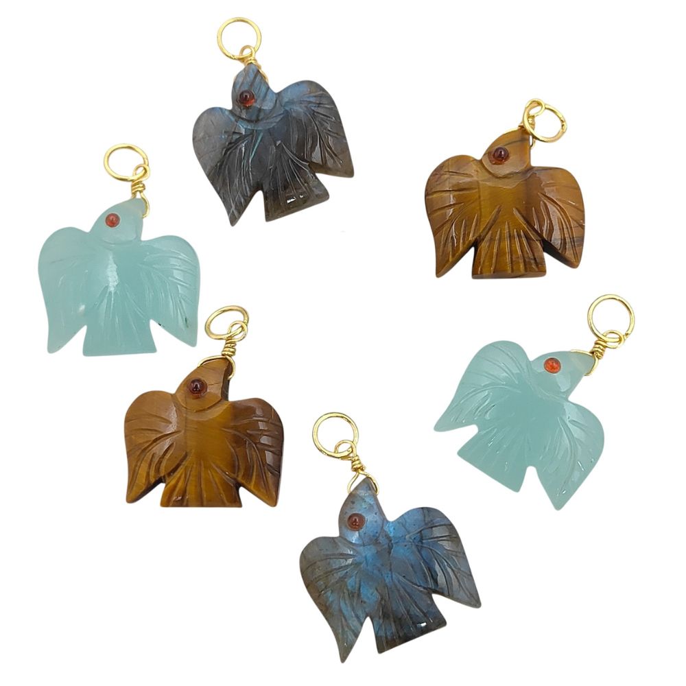 Gold Plated 925 Sterling Silver Flying Eagle Pendant Hand Carved Multi Gemstone Necklace Charm