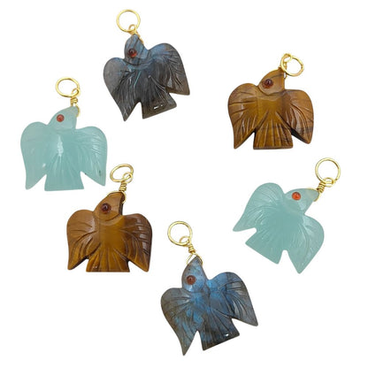 Aqua Chalcedony Gemstone Flying Eagle Pendant Hand Carved Bird Charm in Sterling Silver