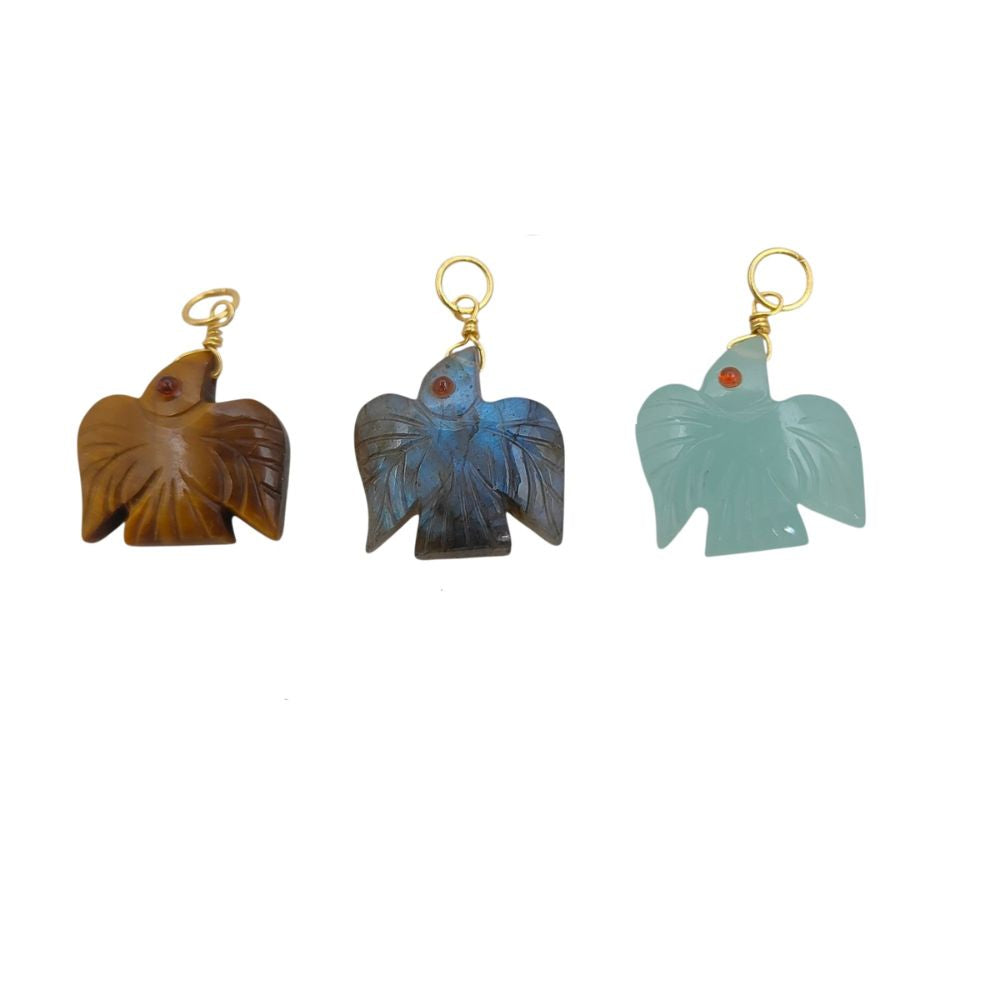 Hand Carved Tiger’s Eye Flying Eagle Pendant Gold Plated 925 Sterling Silver Bird Necklace Charm