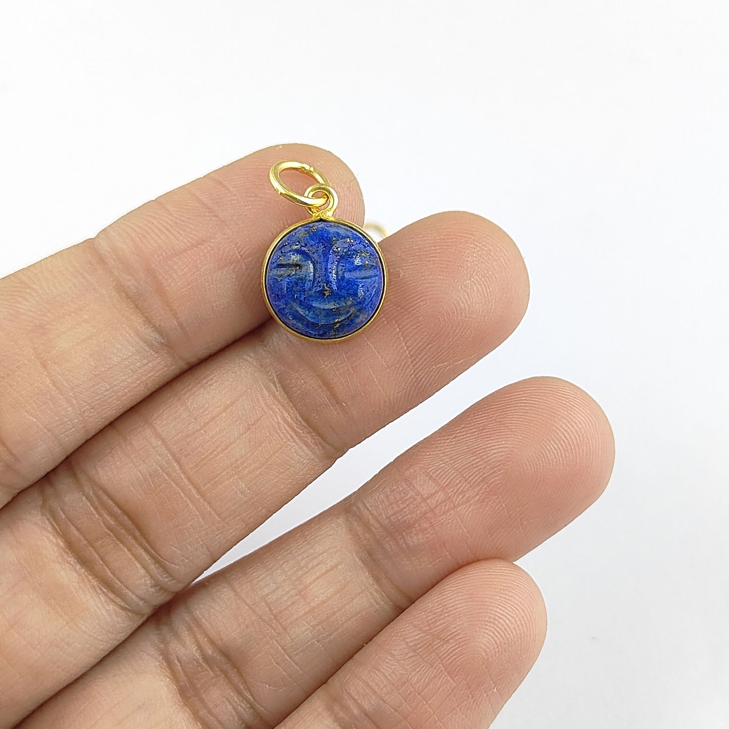 Unique Lapis Lazuli Carved Moon Face Pendant Handmade Sterling Silver Gold Plated Healing Crystal Necklace Charms – Selling Per Piece