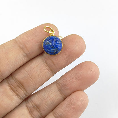 Unique Lapis Lazuli Carved Moon Face Pendant Handmade Sterling Silver Gold Plated Healing Crystal Necklace Charms – Selling Per Piece