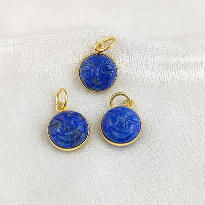 Unique Lapis Lazuli Carved Moon Face Pendant Handmade Sterling Silver Gold Plated Healing Crystal Necklace Charms – Selling Per Piece