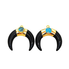 Gold Plated Black Onyx Crescent Horn Pendant & Turquoise Charm Boho Double Stone Jewelry- Selling Per Piece