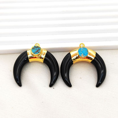 Gold Plated Black Onyx Crescent Horn Pendant & Turquoise Charm Boho Double Stone Jewelry- Selling Per Piece
