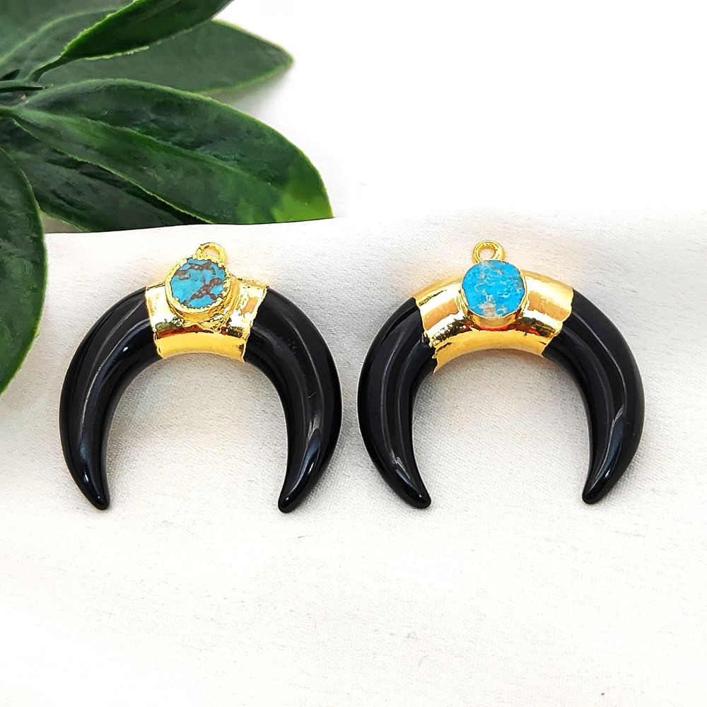 Gold Plated Black Onyx Crescent Horn Pendant & Turquoise Charm Boho Double Stone Jewelry- Selling Per Piece