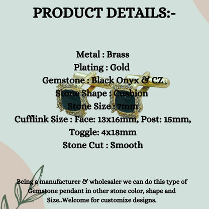 Gold Plated Black Onyx Cushion Cufflinks for Men Handmade Formal Shirt Accessories for Weddings, Business & Groomsmen – Selling Per Pair