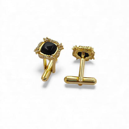 Gold Plated Black Onyx Cushion Cufflinks for Men Handmade Formal Shirt Accessories for Weddings, Business & Groomsmen – Selling Per Pair