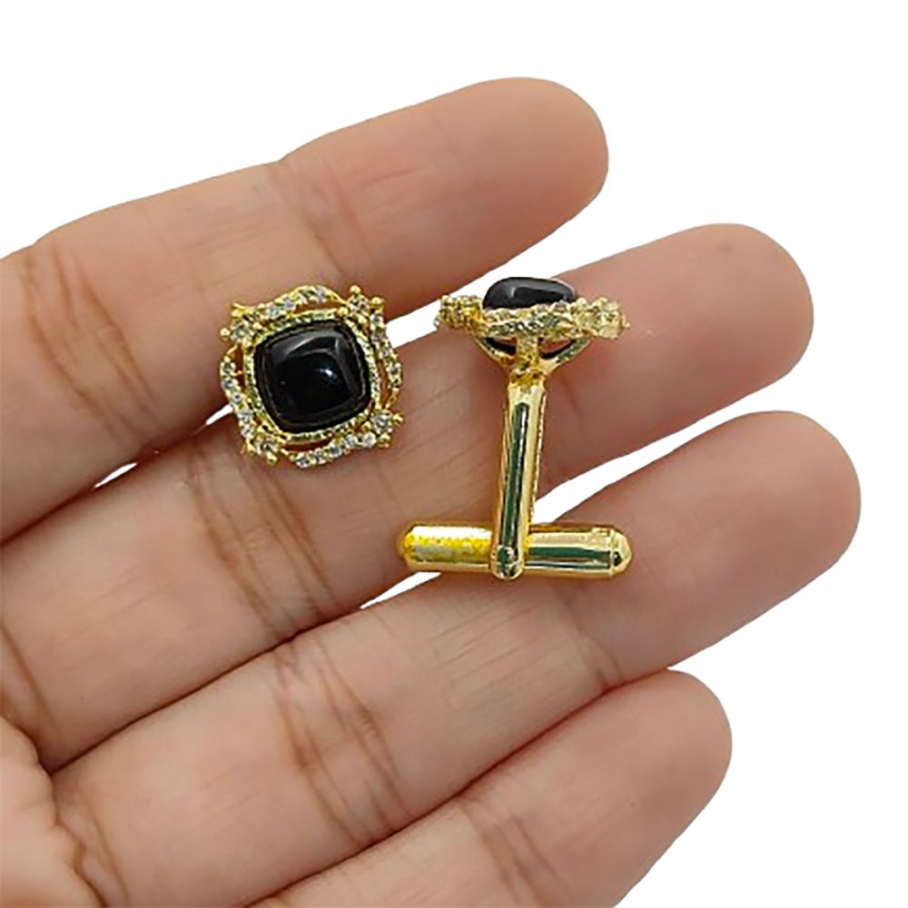 Gold Plated Black Onyx Cushion Cufflinks for Men Handmade Formal Shirt Accessories for Weddings, Business & Groomsmen – Selling Per Pair