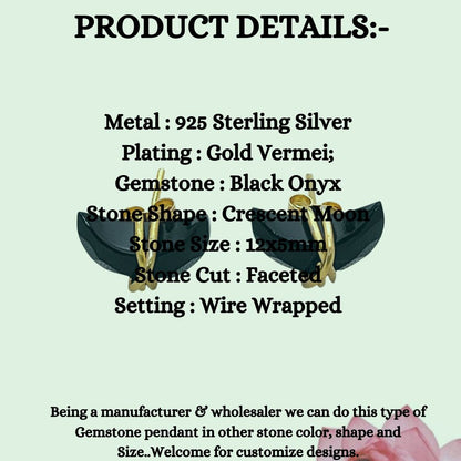 Gold Plated Black Onyx Half Moon Stud Earrings Minimalist Handmade Gemstone Jewelry Gift- Selling Per Piece