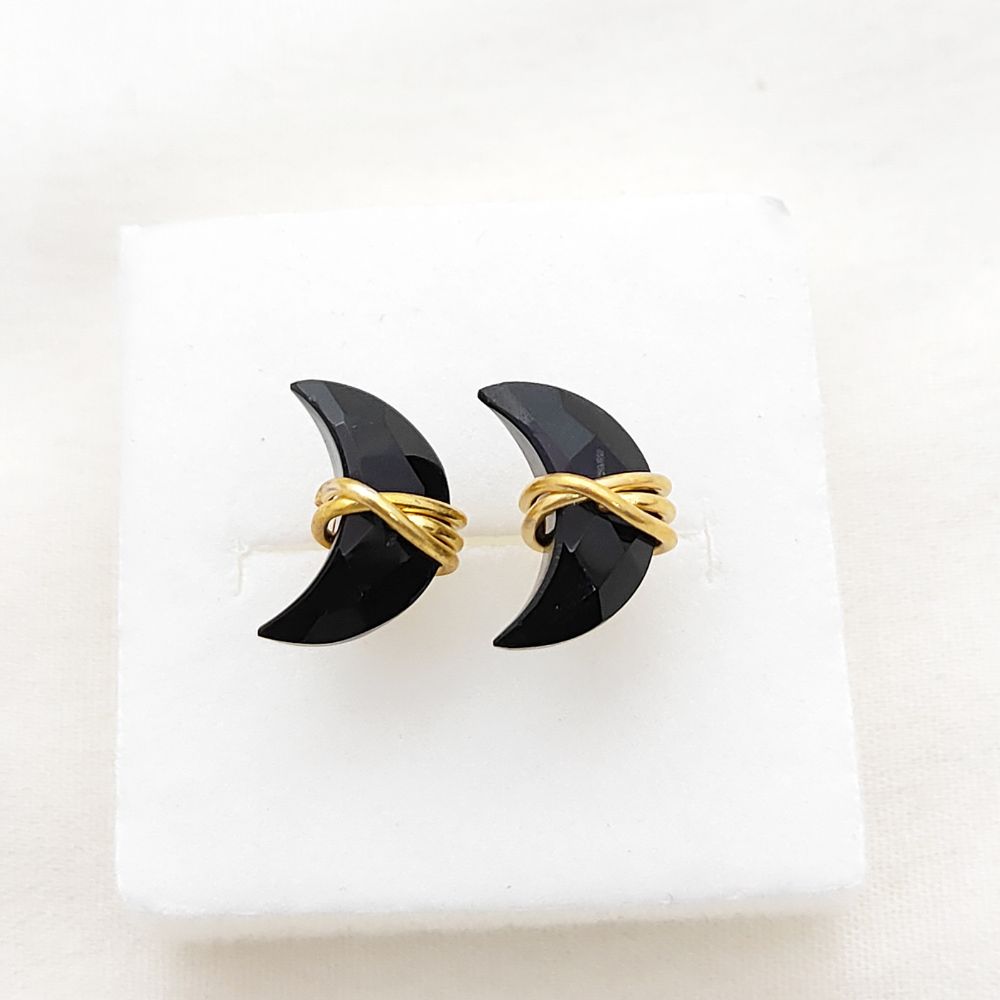 Gold Plated Black Onyx Half Moon Stud Earrings Minimalist Handmade Gemstone Jewelry Gift- Selling Per Piece