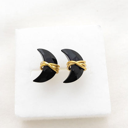Gold Plated Black Onyx Half Moon Stud Earrings Minimalist Handmade Gemstone Jewelry Gift- Selling Per Piece