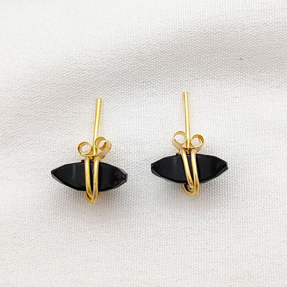 Gold Plated Black Onyx Half Moon Stud Earrings Minimalist Handmade Gemstone Jewelry Gift- Selling Per Piece