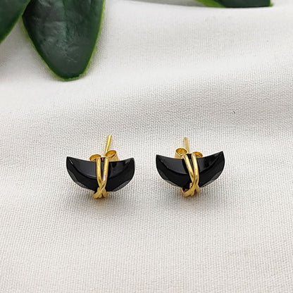 Gold Plated Black Onyx Half Moon Stud Earrings Minimalist Handmade Gemstone Jewelry Gift- Selling Per Piece